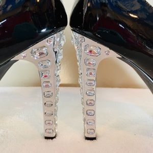 Carlos Black Peep Toe Pumps with Rhinestone Heels